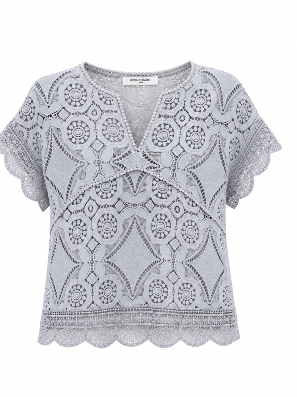 Gerard Darel Light Gray Crochet Lace V-Notch Top